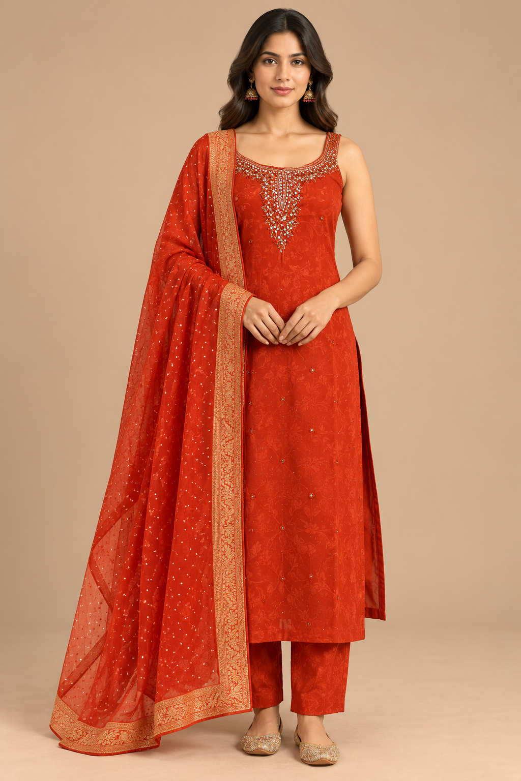 Rust Orange Embroidered Kurta Pant Set with Embellished Dupatta